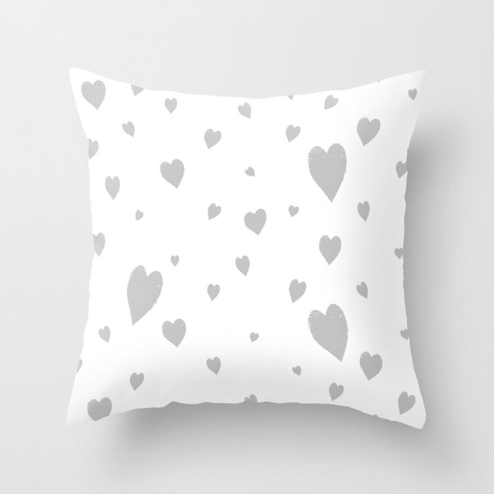 Hand-Drawn Hearts (Gray & White Pattern) Throw Pillow