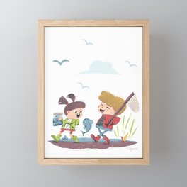 Beach Exploration - Girl and Boy Framed Mini Art Print