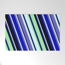 [ Thumbnail: Green, Light Cyan, Slate Blue, Blue, and Black Colored Stripes Pattern Welcome Mat ]