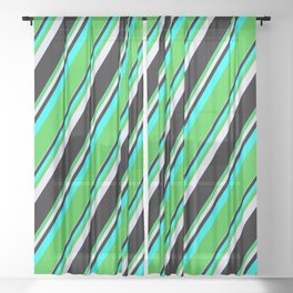 [ Thumbnail: Cyan, Lime Green, Lavender, and Black Colored Pattern of Stripes Sheer Curtain ]