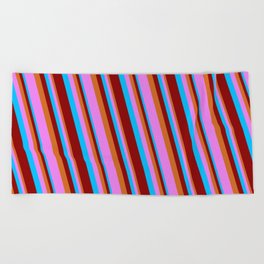 [ Thumbnail: Deep Sky Blue, Dark Red, Chocolate & Violet Colored Lines/Stripes Pattern Beach Towel ]