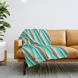 [ Thumbnail: Cyan, Pale Goldenrod & Dim Grey Colored Lines/Stripes Pattern Throw Blanket ]