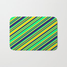[ Thumbnail: Midnight Blue, Green, and Yellow Colored Lines/Stripes Pattern Bath Mat ]
