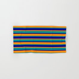 [ Thumbnail: Dark Blue, Dark Orange & Dark Cyan Lined/Striped Pattern Hand & Bath Towel ]