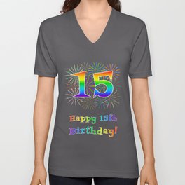 [ Thumbnail: 15th Birthday - Fun Rainbow Spectrum Gradient Pattern Text, Bursting Fireworks Inspired Background V Neck T Shirt V-Neck T-Shirt ]