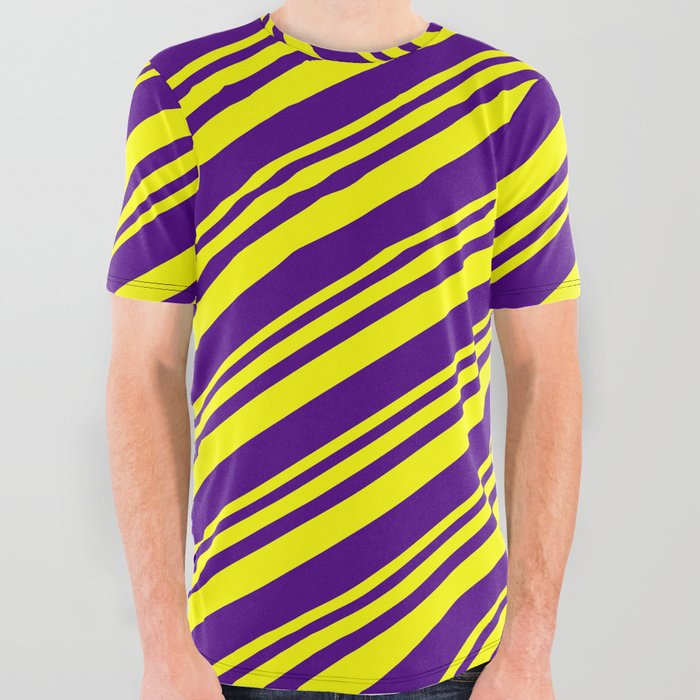 Yellow and Indigo Colored Lines/Stripes Pattern All Over Graphic Tee