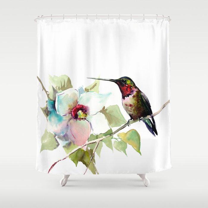 Hummingbird and White Magnolia Shower Curtain