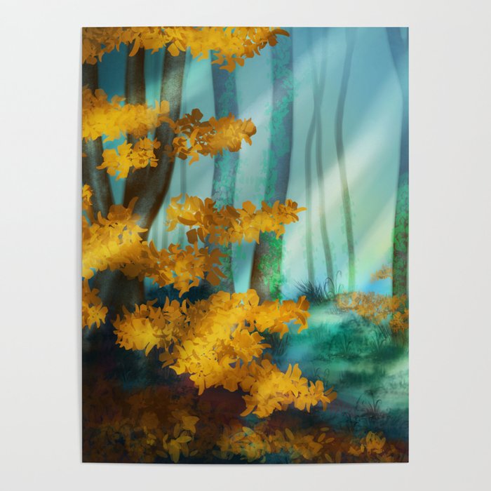 Late autumn forest in the woids oil painting Poster
