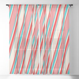 [ Thumbnail: Light Coral, Dark Turquoise, Beige & Red Colored Lines/Stripes Pattern Sheer Curtain ]