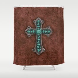 Brown and Turquoise Rustic Cross Shower Curtain
