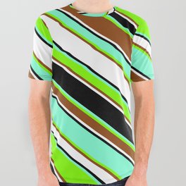 [ Thumbnail: Aquamarine, Chartreuse, Brown, White, and Black Colored Striped/Lined Pattern All Over Graphic Tee ]
