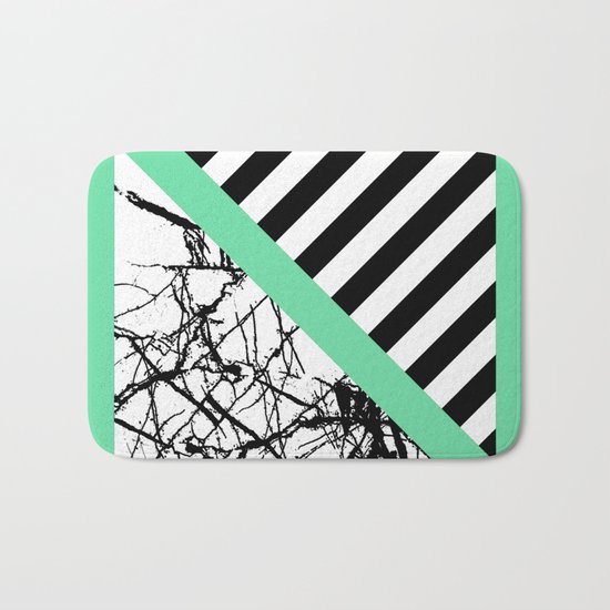 Stripes N Marble - Black and white geometric stripes and marble pattern, bold on green background Bath Mat