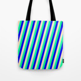 [ Thumbnail: Cyan, Green, Blue & Beige Colored Lined Pattern Tote Bag ]