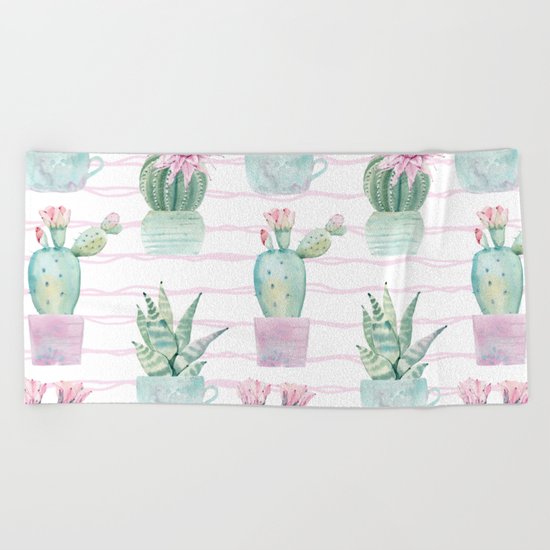 Simply Echeveria Cactus on Desert Rose Pink Wavy Lines Beach Towel