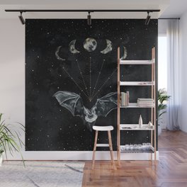Bat and Moon Phases, Black Gold, Celestial Stars Witchy Wall Mural