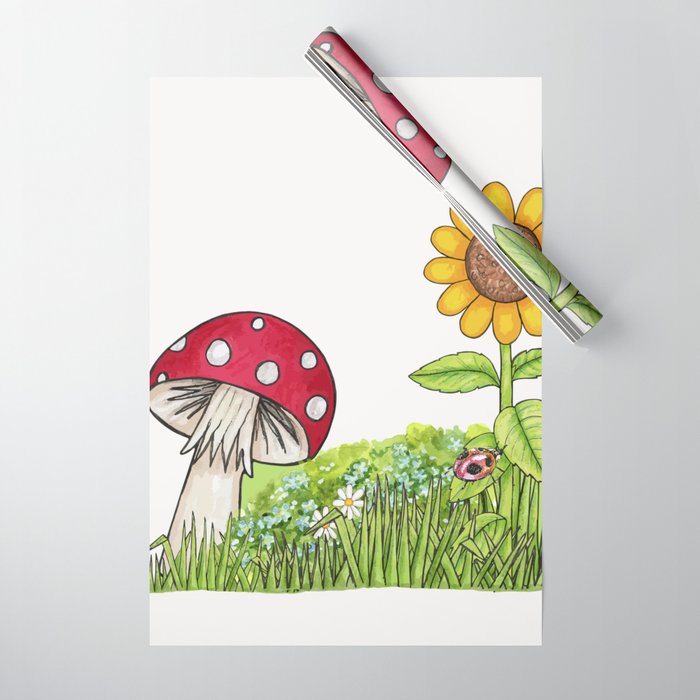 Ladybug Mushroom and Sunflower Wrapping Paper