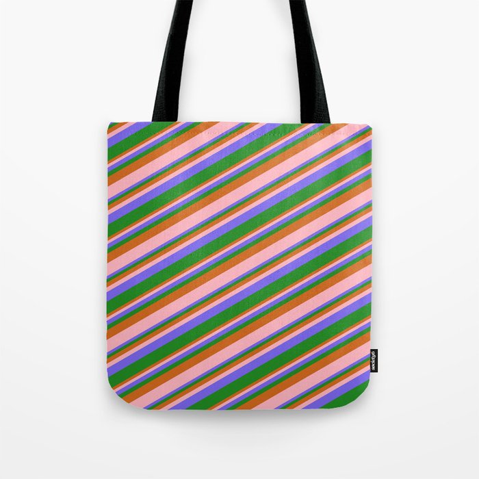 Chocolate, Light Pink, Medium Slate Blue, and Forest Green Colored Stripes/Lines Pattern Tote Bag