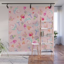 psychedelic magic mushrooms watercolor pattern on pastel pink Wall Mural
