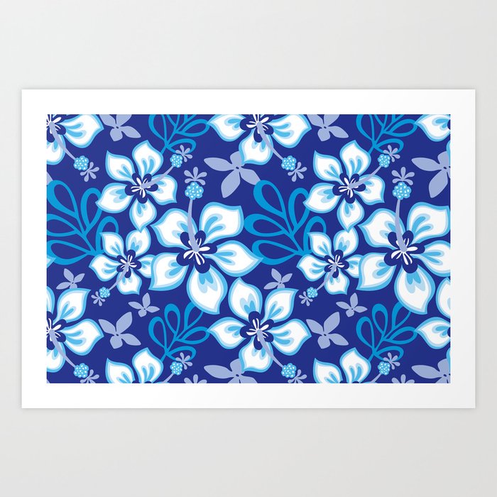 Blue & White Aloha Hawaiian Hibiscus Flower Bloom Pattern Art Print