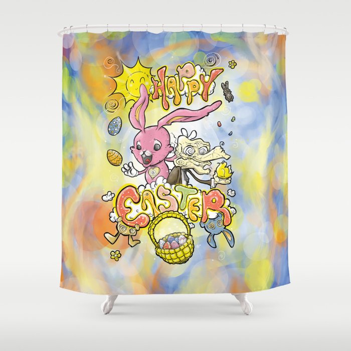 HAPPY EASTER with Cartoony Old Man Joe & the CUTEST Easter Bunny EVER Hand Drawn One of a Kind Art Shower Curtain