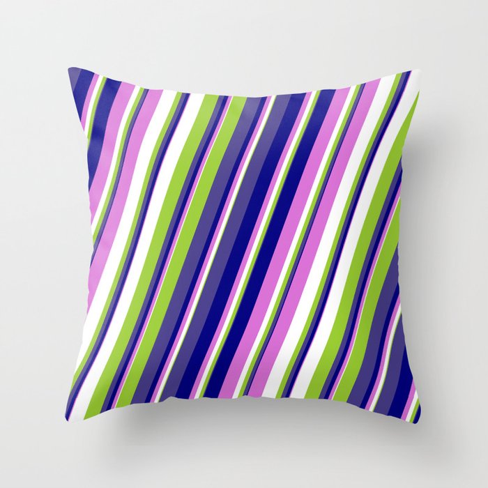 Colorful Green, Dark Slate Blue, Blue, Orchid, and White Colored Stripes Pattern Throw Pillow