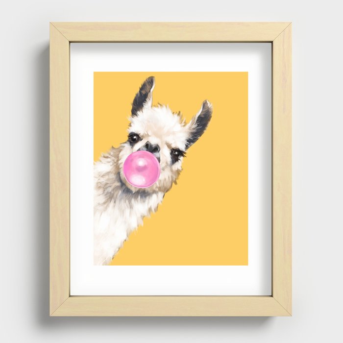 Bubble Gum Sneaky Llama in Yellow Recessed Framed Print