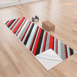[ Thumbnail: Red, Dark Grey, Light Cyan, and Black Colored Striped Pattern Yoga Towel ]