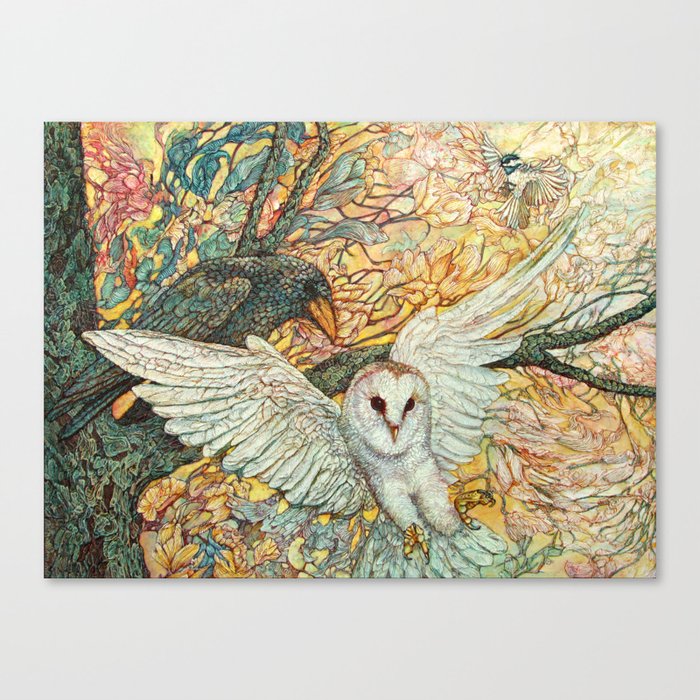 The Playground _ Raven, Owl, Chickadee Canvas Print