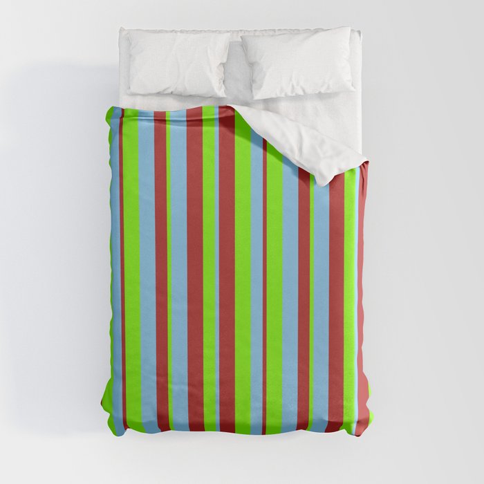 Red, Light Sky Blue, and Chartreuse Colored Lined/Striped Pattern Duvet Cover