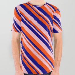[ Thumbnail: Blue, Pink, and Red Colored Lines/Stripes Pattern All Over Graphic Tee ]