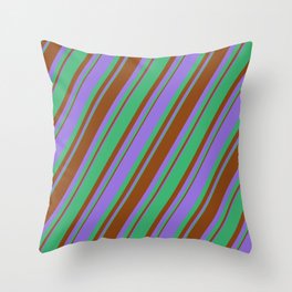 [ Thumbnail: Purple, Sea Green & Brown Colored Lined/Striped Pattern Throw Pillow ]