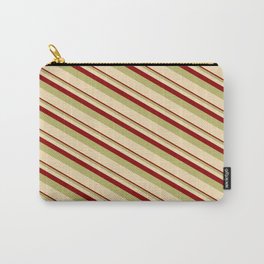 [ Thumbnail: Dark Red, Dark Khaki & Tan Colored Stripes Pattern Carry-All Pouch ]