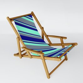 [ Thumbnail: Aquamarine, Slate Gray, and Blue Colored Pattern of Stripes Sling Chair ]
