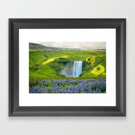 Iceland Skogafoss Summer Waterfall Lupine Wildflowers Landscape Framed Art Print