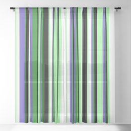 [ Thumbnail: Colorful Forest Green, Slate Blue, White, Green, and Black Colored Stripes Pattern Sheer Curtain ]