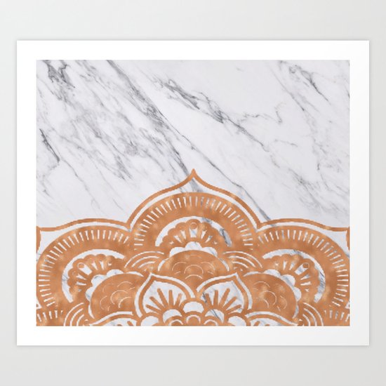 Copper mandala on marble Art Print