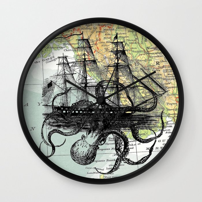 Octopus Attacks Ship on map background Wall Clock