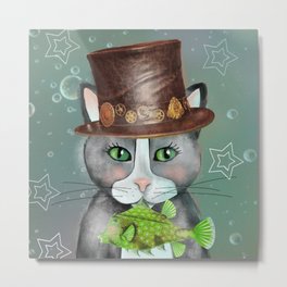 Steampunk Cat Metal Print | Cat, Whimsy, Fish, Gray, Whimsical, Cute, Painting, Stars, Fun, Pet 
