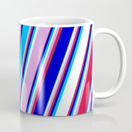 [ Thumbnail: Colorful Plum, Crimson, Blue, Deep Sky Blue, and Mint Cream Colored Lined/Striped Pattern Coffee Mug ]