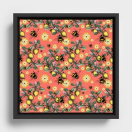 Summery Bumblebee Lemon Pattern Framed Canvas