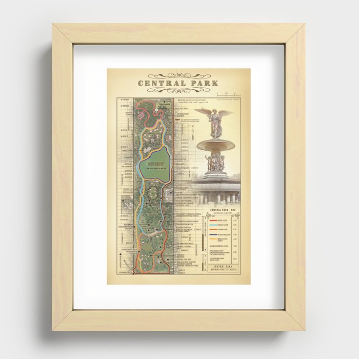 Central Park [Bethesda Fountain] Vintage Inspired running route map Recessed Framed Print