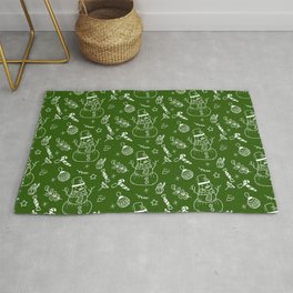 Green and White Christmas Snowman Doodle Pattern Area & Throw Rug
