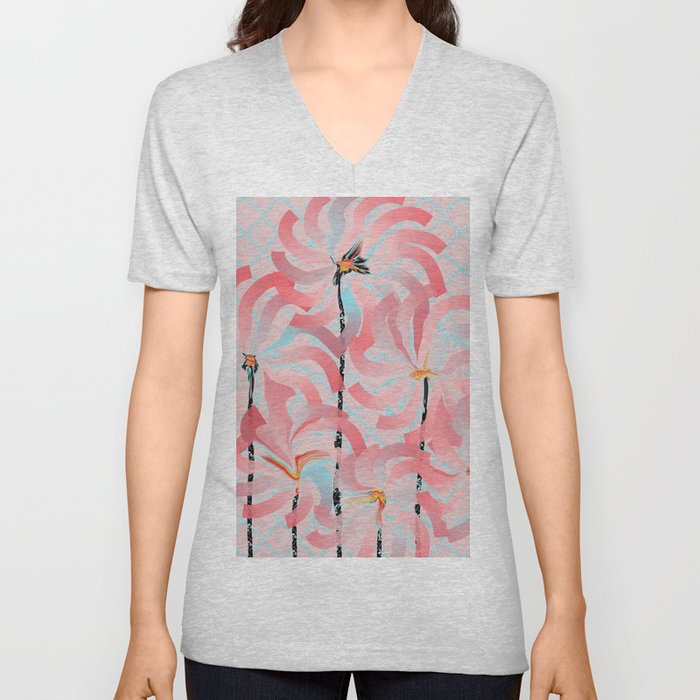 Sunny Flowers in Soft Pink and Peach V Neck T Shirt