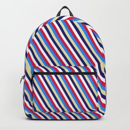 [ Thumbnail: Eye-catching Crimson, Blue, Pale Goldenrod, Midnight Blue & White Colored Striped Pattern Backpack ]