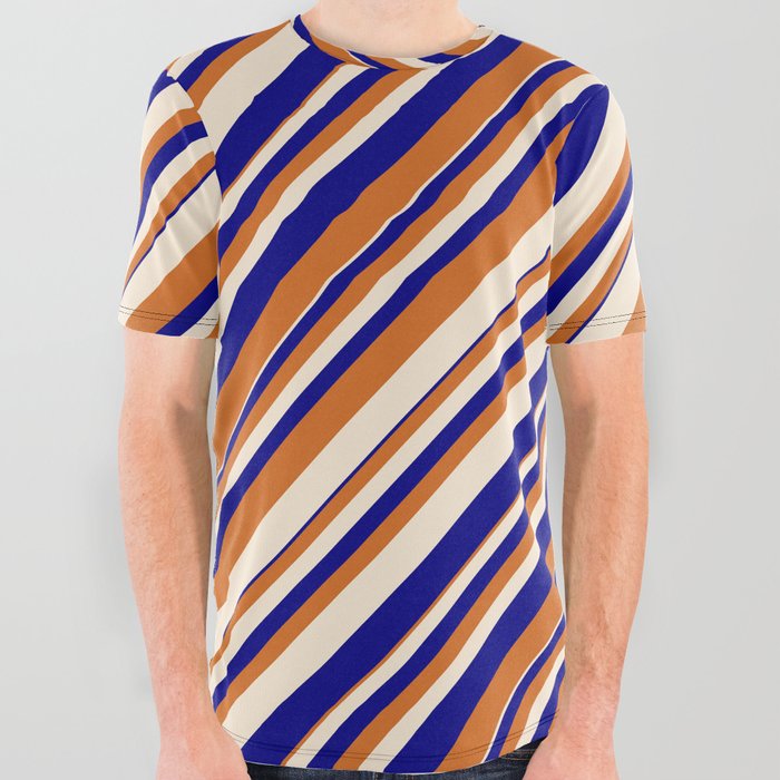 Blue, Chocolate, and Beige Colored Lines/Stripes Pattern All Over Graphic Tee