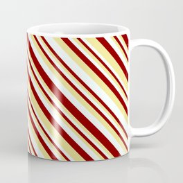 [ Thumbnail: Maroon, Tan, and Mint Cream Colored Stripes Pattern Coffee Mug ]