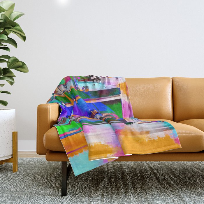 blue classic taxi car with painting abstract in green pink orange  blue Throw Blanket