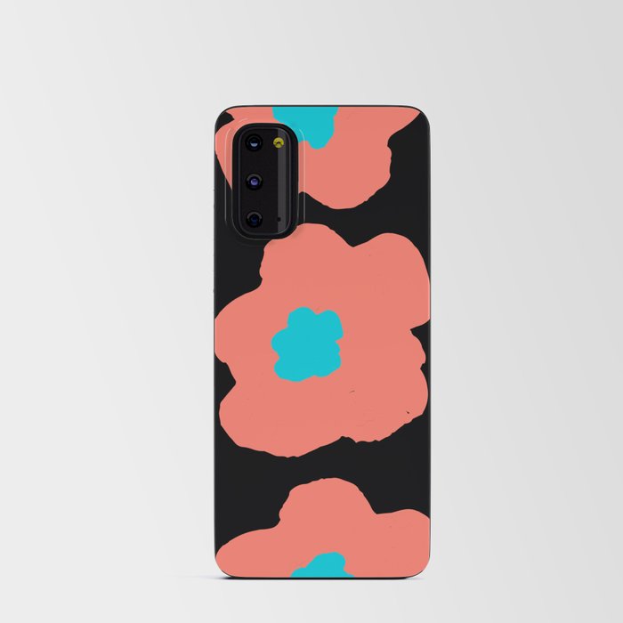 Large Pop-Art Retro Flowers in Coral on Black Background  Android Card Case