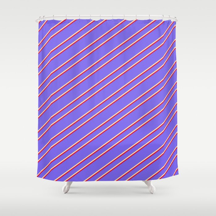 Medium Slate Blue, Beige, and Crimson Colored Stripes Pattern Shower Curtain