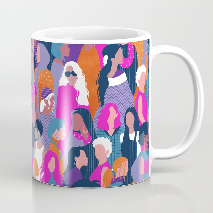 Every day we glow International Women's Day // midnight navy blue background violet purple curious blue shocking pink and orange copper humans  Coffee Mug